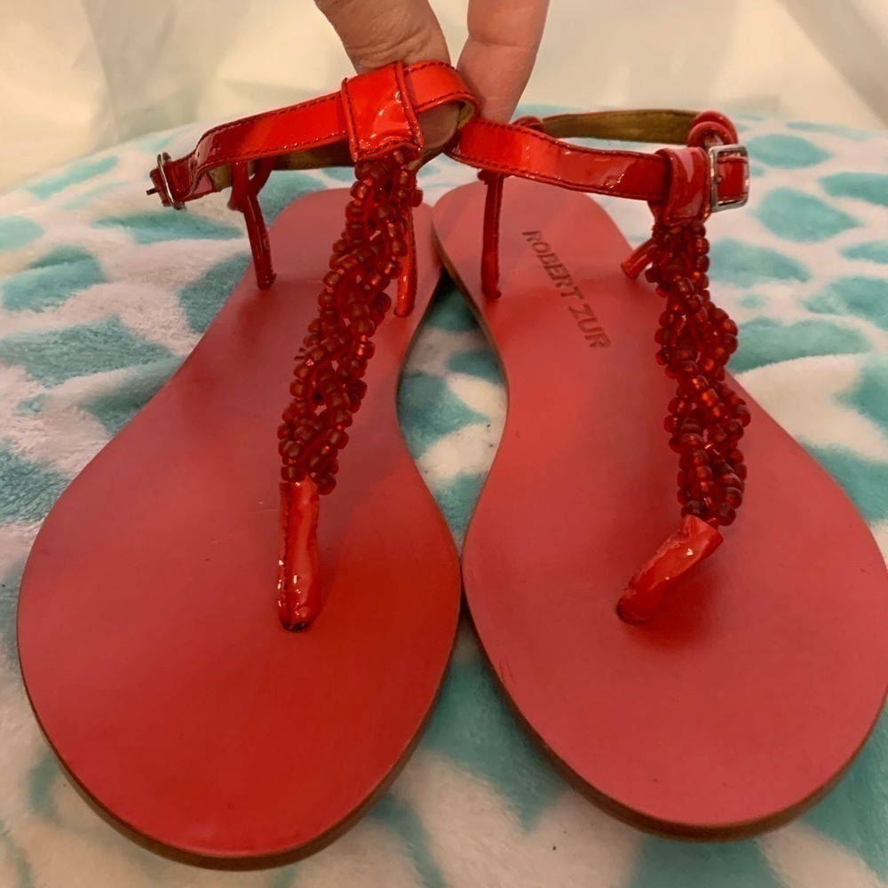 Robert Zur leather and patent beaded dune sandal